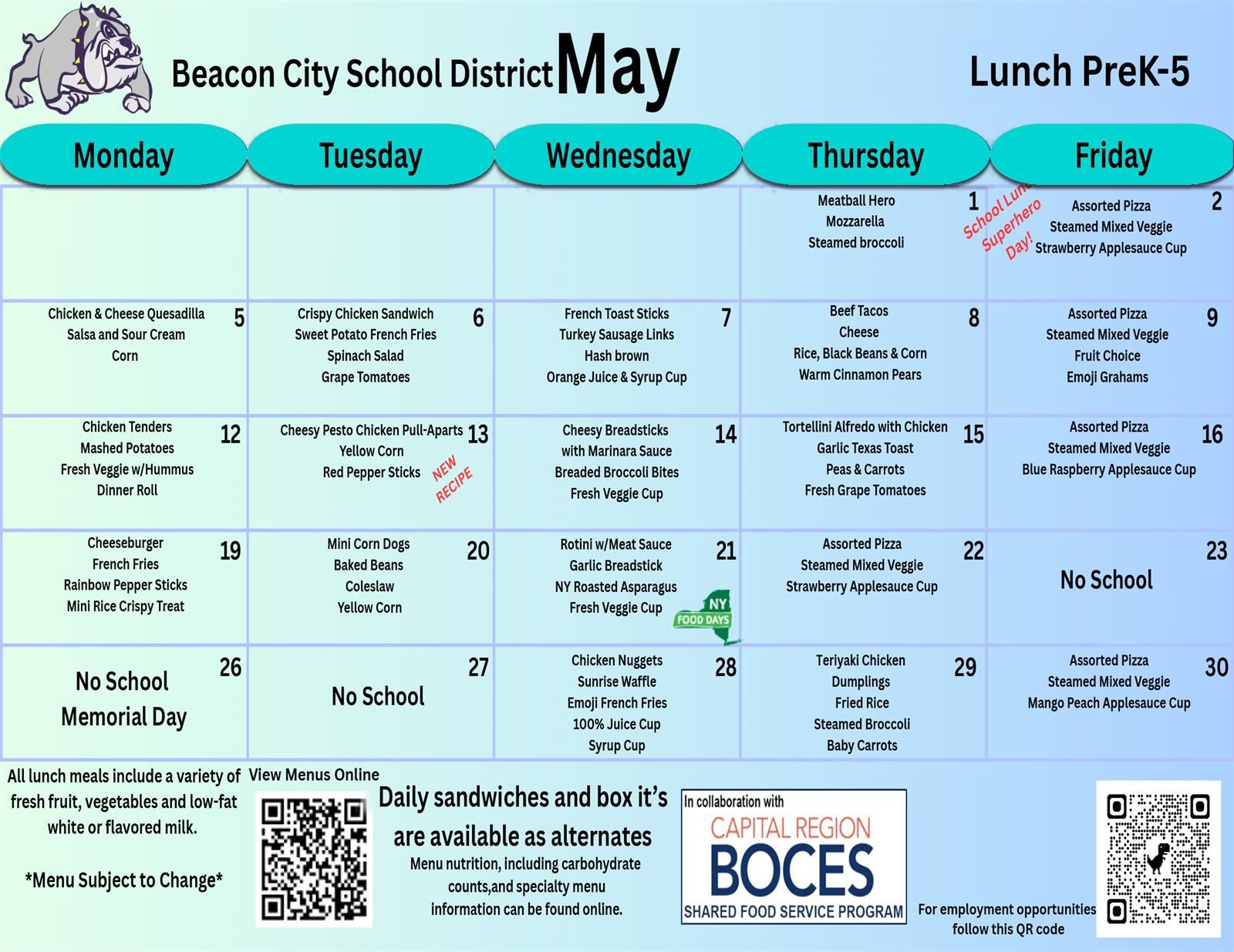 BCSD May 2025 Lunch Menu Grade PK - 5 